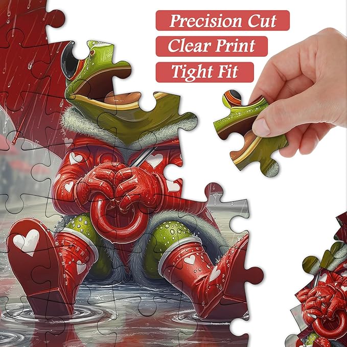 Cute Frog Puzzles for Adults 1000 Pieces, PICKFORU Happy Rain Fun Jigsaw Puzzle Umbrella, Challenging Colorful Love Hearts Theme as Art Decor