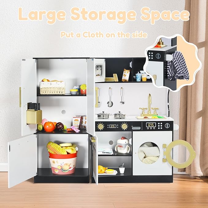 Play Kitchen Sets for Kids, Pretend Wooden Kids Kitchen Playset, Interactive Toy Kitchen with Freezer, Washing Machine, Ice Maker & Large Storage Space, for Boys Girls Ages 3+, Black
