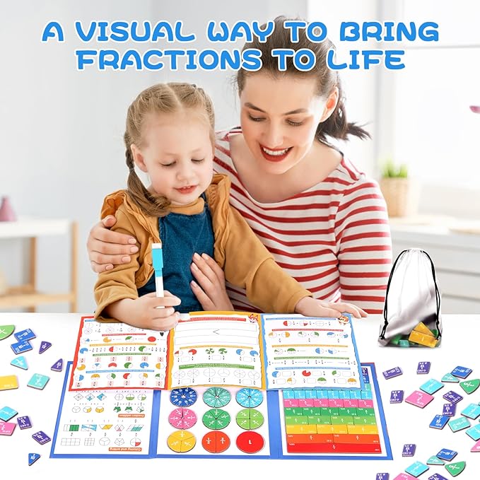 Magnetic Fraction Educational Puzzle, 120 Pcs Magnetic Fraction Puzzle for Kids, Magnetic Fraction Tiles & Fraction Circles, Fractions Manipulatives Learning Games for Elementary School