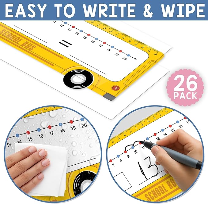 26-Pack School Bus Number Line Dry Erase Boards Cards, 14"x4", Double-Sided, Math Manipulatives for Kids, Student, Kindergarten Elementary Special Education 1st Grade Classroom Must Haves