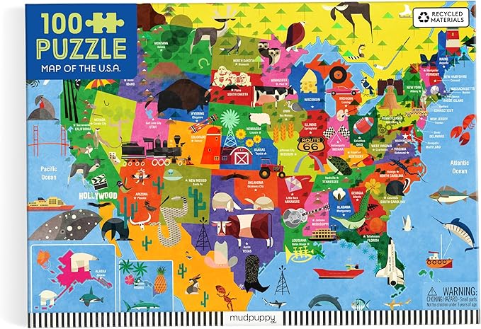 Mudpuppy Map of The USA – 100 Piece Jigsaw Puzzle with Colorful and Fun Illustrations of The United States Map for Children Ages 5 and Up