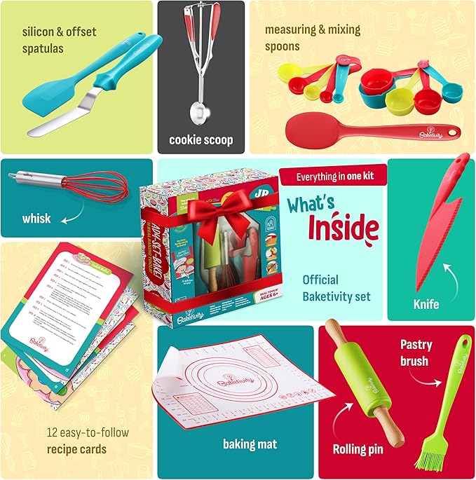 Baketivity 31-Piece Kids Baking Tools Set – Real Cooking Utensils for Children – Safe, Durable, and Fun Kitchen Accessories – Gift for Young Chefs