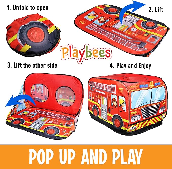 Playbees Musical Fire Truck Pop Up Play Tent with 3 Openings - Role Play Firefighter Tent - Sirens & Fireman Sounds - Indoor Outdoor - Red Fire Engine Playhouse Vehicle Toys - Ideal Play, Gift, Prop
