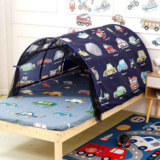 Kids Bed Tent Twin Beds - Zoos and Cars Wonder Play Tents Boys Girls Ventilated Indoor Play Tent Children Promotes Independent Play, Stimulates Imagination Set-Up Playhouse (Car)