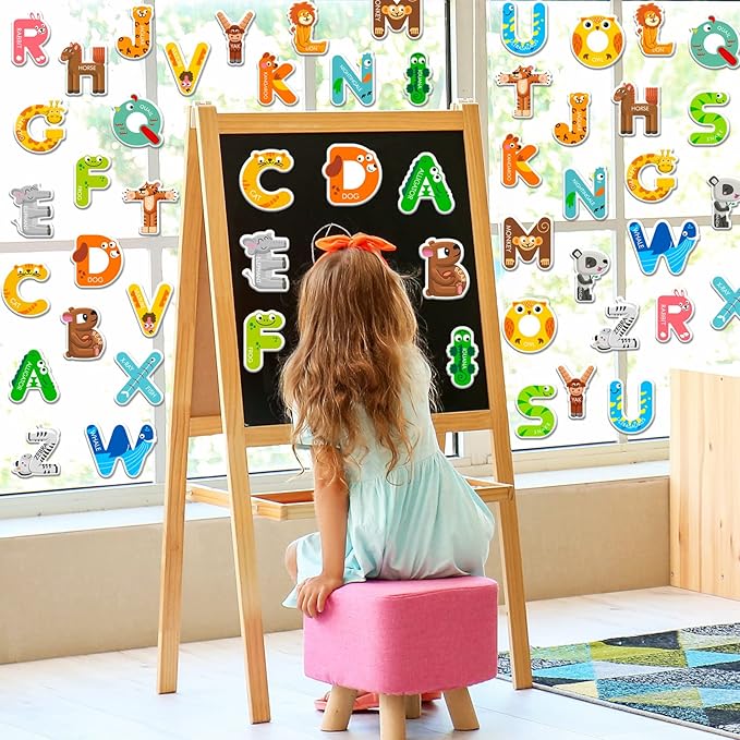 Whaline 52Pcs Alphabet Letters Thick Gel Clings Cute Animals Alphabet ABC Window Gel Decals Colorful Uppercase Animals Stickers for Toddlers Educational Spelling Learning Home Classroom Nursery Decor