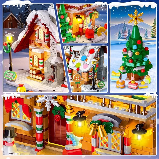 2025 Christmas 3 Style Gingerbread House Building Set with Light - 1477PCS Christmas Village Castle Building Block Toy with Santa Claus Xmas Tree Train for Adults Kids Girls Boys Ages 6+