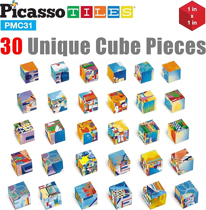 PicassoTiles 6-in-1 World Famous Painting Puzzles Magnetic Cubes Toy_Building_Block, Spain Park Guell, Paris Eiffel Tower, Greece Santorini & More for Kid, Educational Art for Boys and Girls