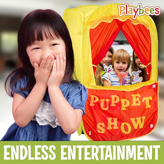 Playbees Puppet Show Pop-Up Play Tent w/Front Stage Toddler Playhouse Theater Pretend Play Tent Kids - Indoor & Outdoor Children Dramatic Furniture Swappable Velcro to Lemonade Stand w/Carry Bag