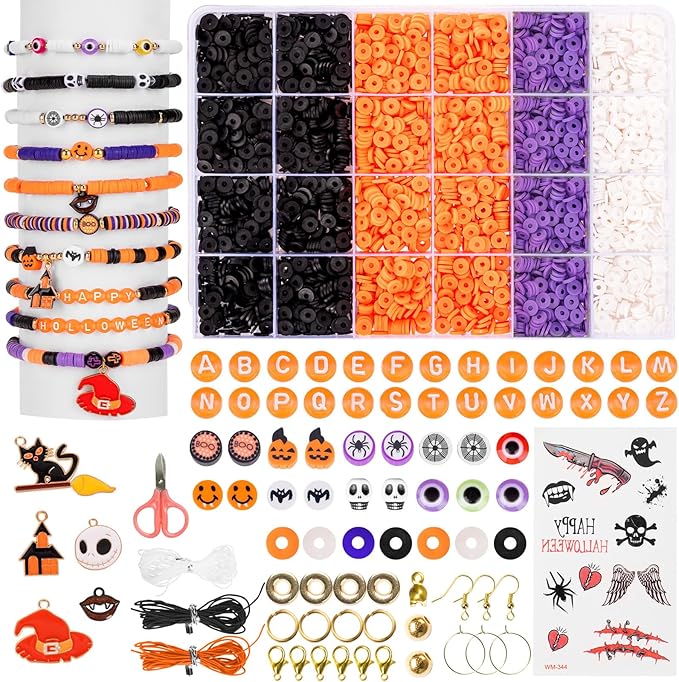 Goldwise Halloween Beads Friendship Bracelet Kit,2 Boxes with Halloween Clay Beads and Orange Letter (A-Z) for Jewelry Making, Varieties of Charms Jewelry Making,DIY Crafts for Party