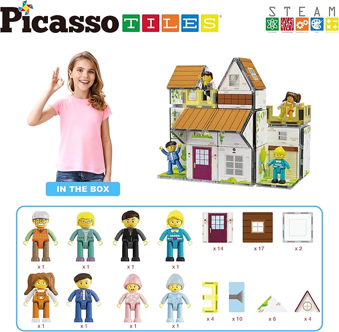 PicassoTiles Magnet Tile Building Block Family Homestead Doll House Theme Playset 8 Character Action Figures Double Sided Magnetic Tiles Printing STEM Education Learning Kit Toy Set Kids Ages 3+ PTQ06