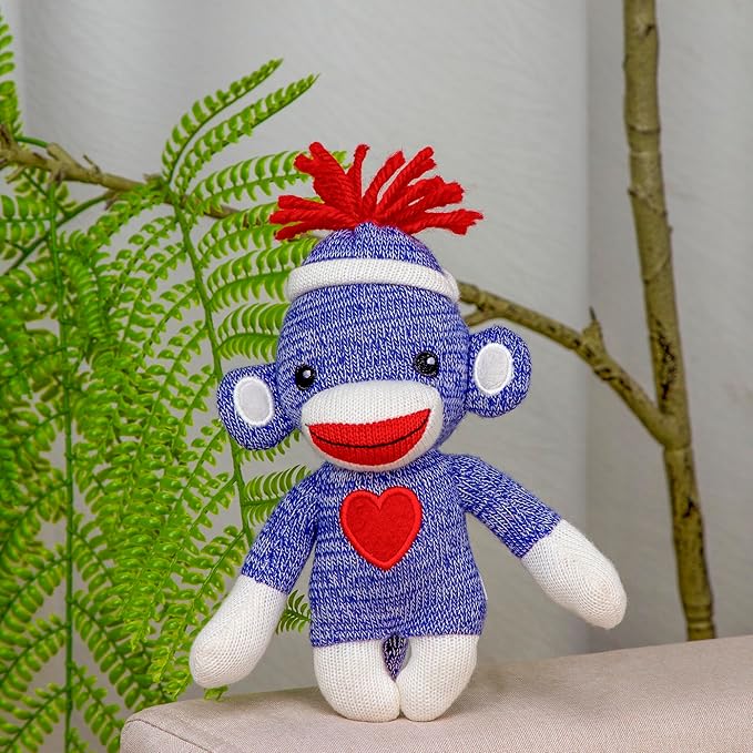 Plushland Adorable Sock Monkey, The Original Traditional Hand Knitted Stuffed Animal Toy Gift-for Kids, Babies, Teens, Girls and Boys Baby Doll Present Puppet 6 Inches (Blue)