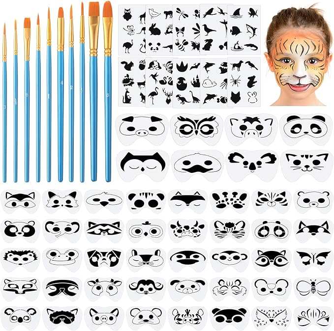 Fainne 68 Pcs Face Paint Stencils Kit, 48 Reusable Facial Painting Stencils with 10 Stickers 10 Painting Brushes Plastic Tattoo Templates for Halloween Party Makeup DIY Drawing Art (Animal Style)