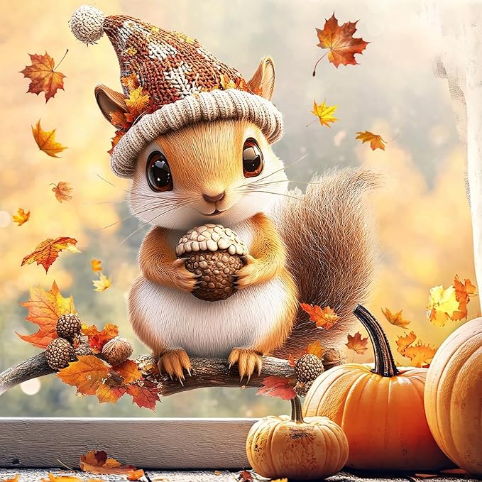 Fall Window Clings for Glass Thanksgiving Static Cling Window Decals 1PCS Cute Squirrel Maple Leaves Autumn Reusable Window Stickers Home School Office Decorations