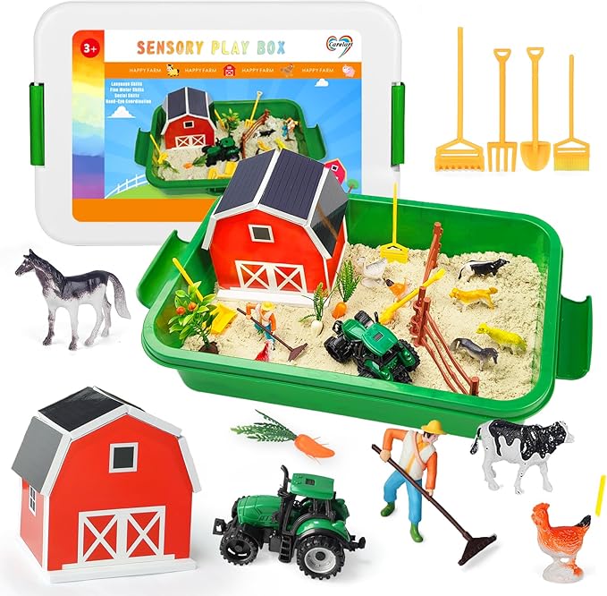 Farm Sensory Bin，Farm Animals Sand Kit with Sensory Sand，Barn Sandbox with Tractor，Sensory Play Sand Set for Kids 3 4 5 6 7