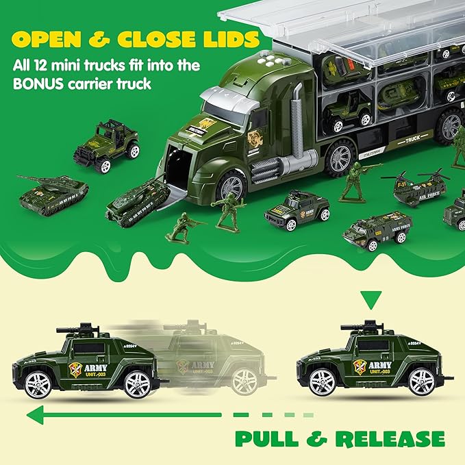 JOYIN 25 in 1 Military Kids Truck Toys for Age 3+, Toddler Boy Toys, Army Men Tanks Set with Soldier Men, Mini Battle Cars in Carrier Truck with Lights and Sounds, Christmas Great Gifts for Grandkids