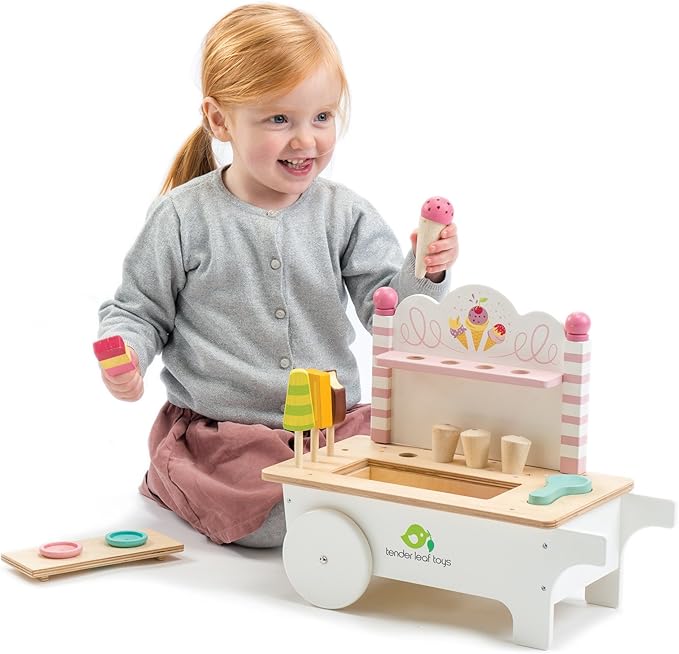 15 Pc Ice Cream Cart - Includes Ice Cream Cones, Popsicles, Scooper and Cart - Made with Premium Materials and Craftsmanship - Encourage Role Play and Develops Social Skills - for Children 3+