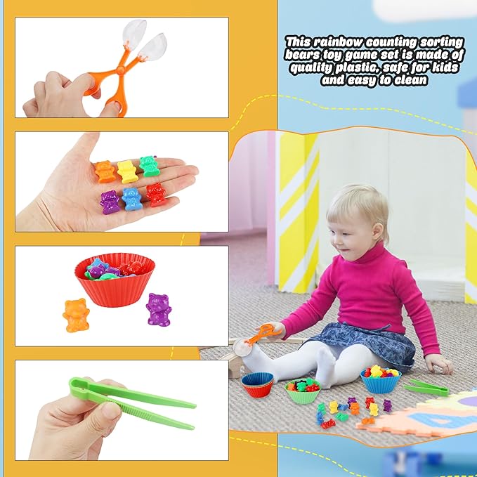 120 Pieces Fine Motor Toy Counting Sorting Counting Sorting Bears Includes 96 Cute Rainbow Sorting Bears 8 Tweezers 4 Scissors Clips and 12 Colorful Cups for Kid Early Skill Education