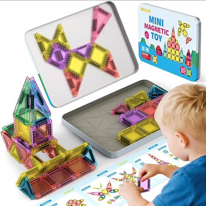 46PCS Mini Magnetic Tiles, Portable Magnetic Toys Travel Set with Iron Case for Kids Ages 4-8,Creativity Boosting Building Toys Set,Toddler Puzzle Birthday Gift Toys for Boys and Girls Ages 3+