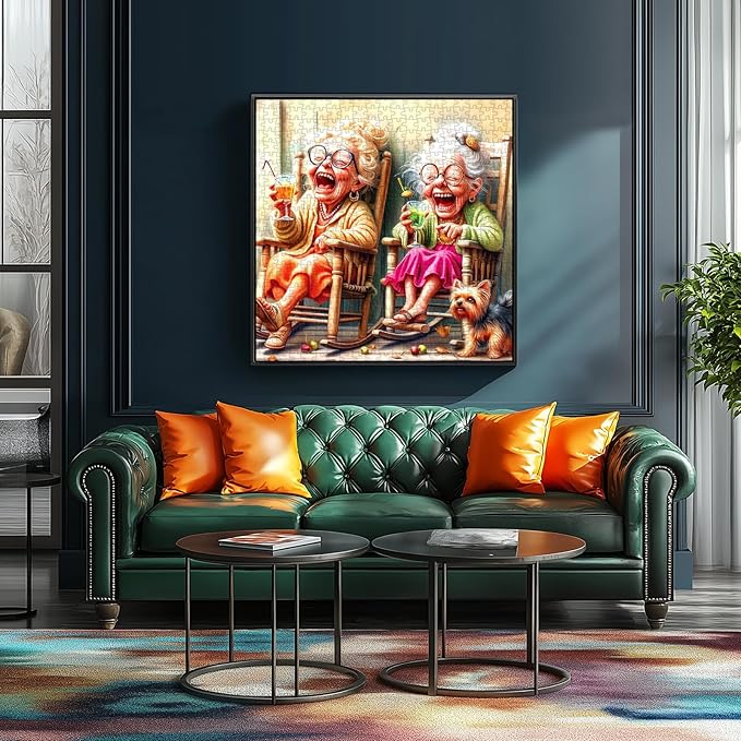 500 Piece Jigsaw Puzzle for Adults Seniors Joyful Moments Heartwarming Porch Scene Laughing Friends, Yorkshire Terrier Rocking Chairs Relaxing Puzzle for Women, Best Friends & Families (23x15 Inches)