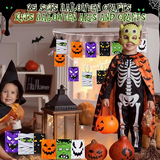 NRWRTY 25 Sets Halloween Crafts Kits,Arts and Crafts with DIY Ghost Pumpkin Felt Stickers Craft Sticks for Halloween Party Favors