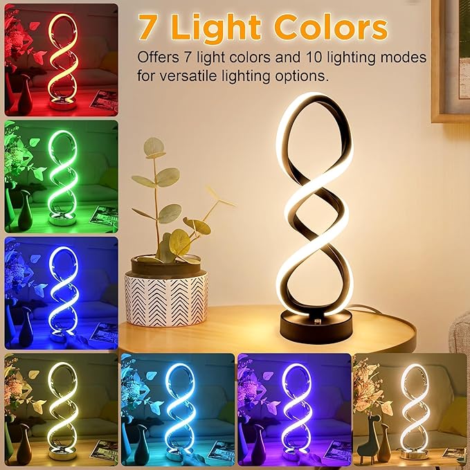 Modern Table Lamp, 7 Colors 10 Light Modes Spiral Design Table Lamp, Touch Dimmable Nightstand Lamp, Unique Bedside Lamp for Living Room, Bedroom, Cool Lamps, Black