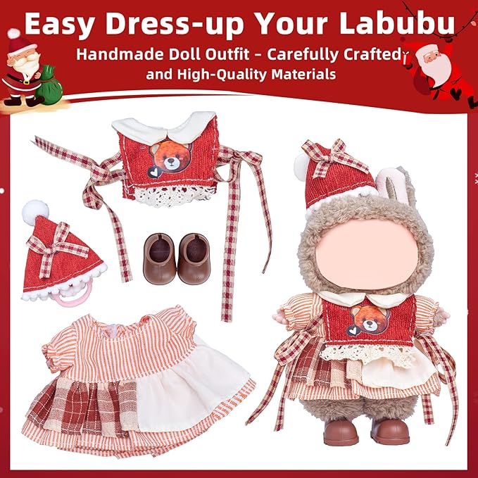 17cm Doll Clothes Set (No Doll), 4 Pieces Outfit Set for 6.7inch Dolls Suit, Fashion Christmas Clothes Accessories Dress-Up,Includes—Christmas Hat + Dress + Bear Vest+ Shoes(Style F)