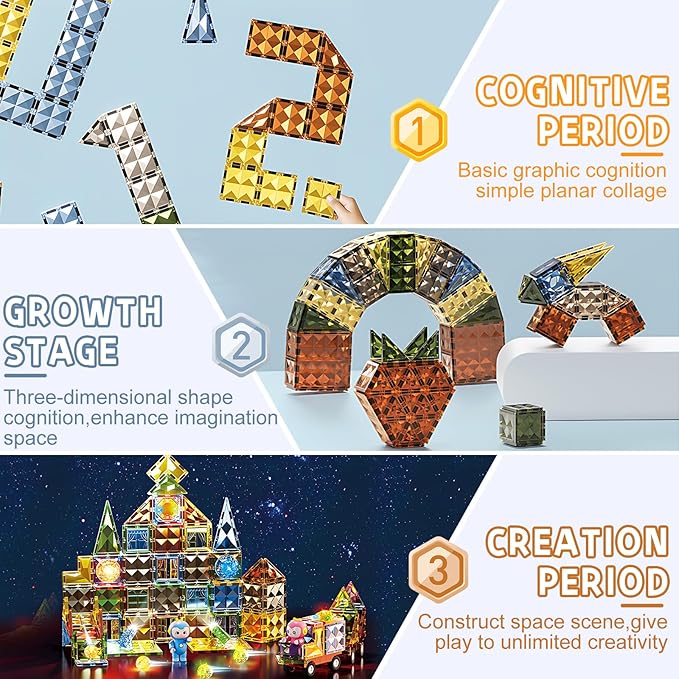 Deluxe Quality Magnetic Tiles Building Set with Attractive Reflective Pattern, LED Lights, Marble Run, and Cars - STEM Educational Toy for Creative Kids Girls Boys 3+ (147 pcs Big Castle with 2 Cars)