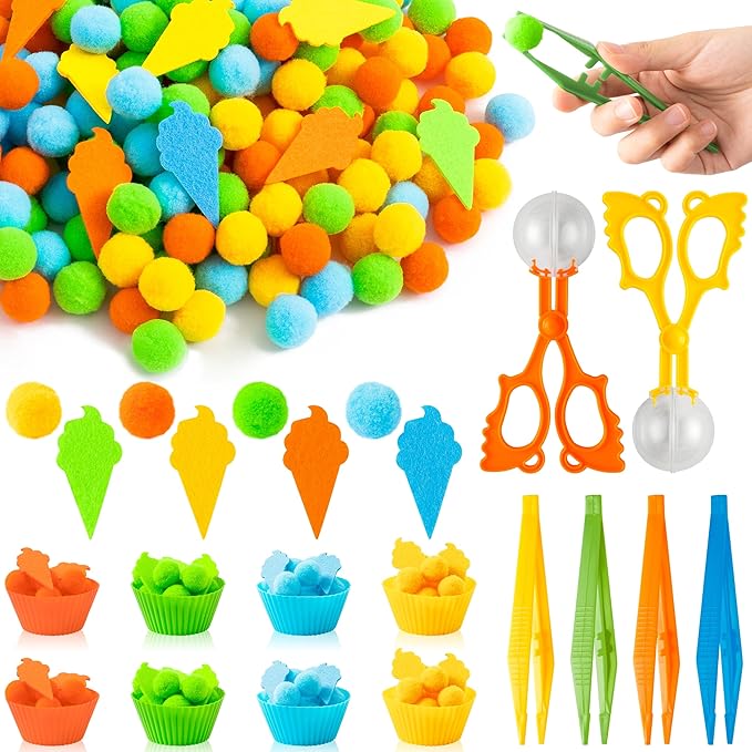 EZdhuawuse Summer Ice Cream Sensory Bin Fillers - 295 Fine Motor, Color Recognition, Sorting, Counting Toys for Kids, Ice Cream Cone Felt Pom Poms Cup Clip Gifts for Preschool Kindergarten Activities