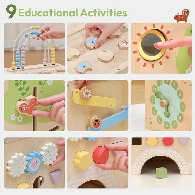 9-in-1 Wooden Activity Cube Baby Busy Board, Montessori Toys for Toddler Play Activity Center, Early Educational Toys with Shape Sorter, Abacus & Gear Toy, Sensory Gifts for Boys Girls