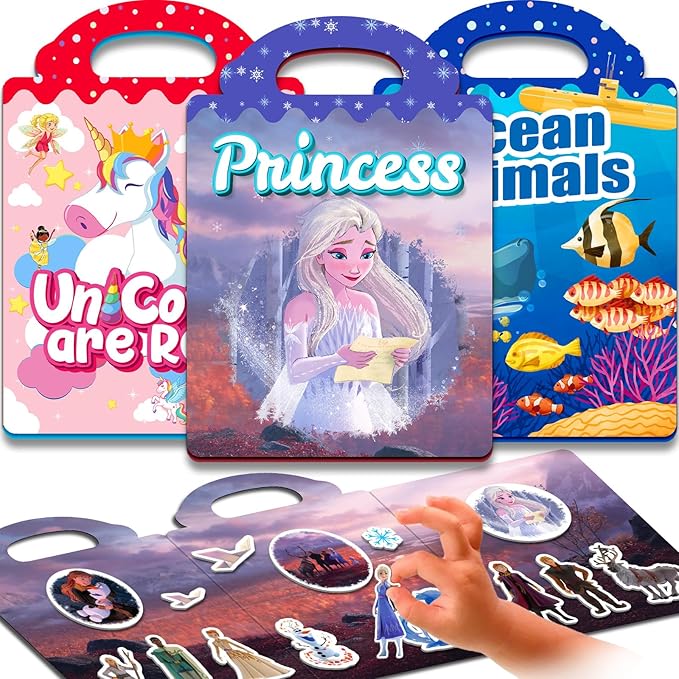 3 Sets Reusable Sticker Books for Toddlers 1-3, Removable Jelly Sticker Books for Kids 2-4 Years, Toddler Travel Toys Activity Book Trip Essentials for Kids- Princess, Unicorn and Ocean