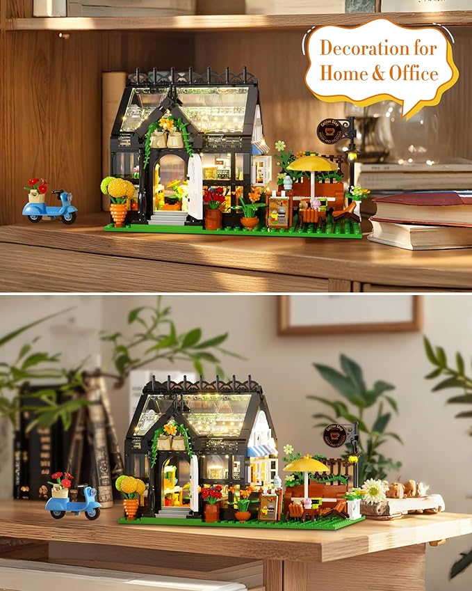 Flower House Building Set, Coffee Shop Outdoor Parasol and Piano Building Kits with Lights, Greenhouse Model Halloween for Girls, Home Decor Office Coffee Bar Display