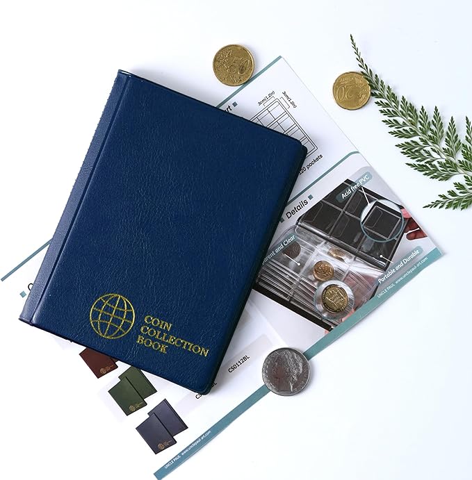Coin Collection Album 120 Pockets - 3x3cm/1.2x1.2 inch Coin Holder Book Coin Storage Album Money Penny Pocket for Collectors Blue CS0112BL
