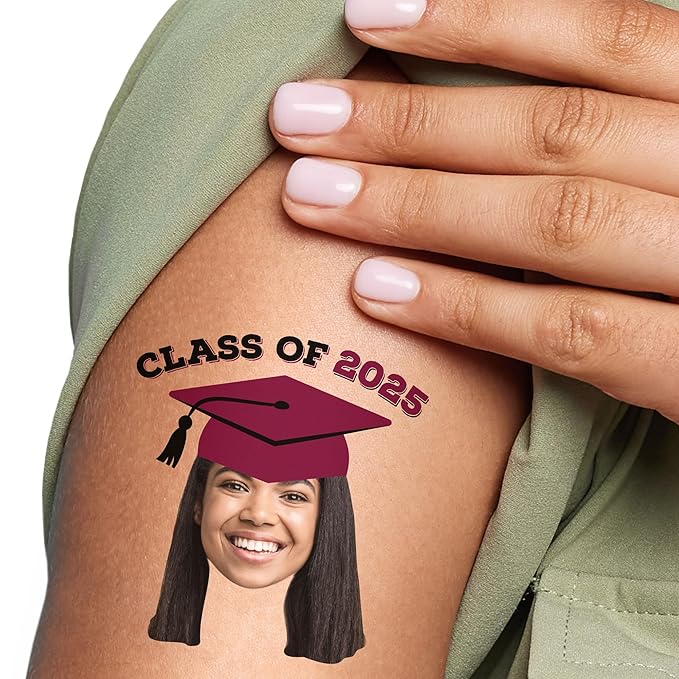 Big Dot of Happiness Custom Photo Maroon Grad Cap, Personalized Burgundy Graduation Party Favors, Fun Face Temporary Tattoos, Set of 12