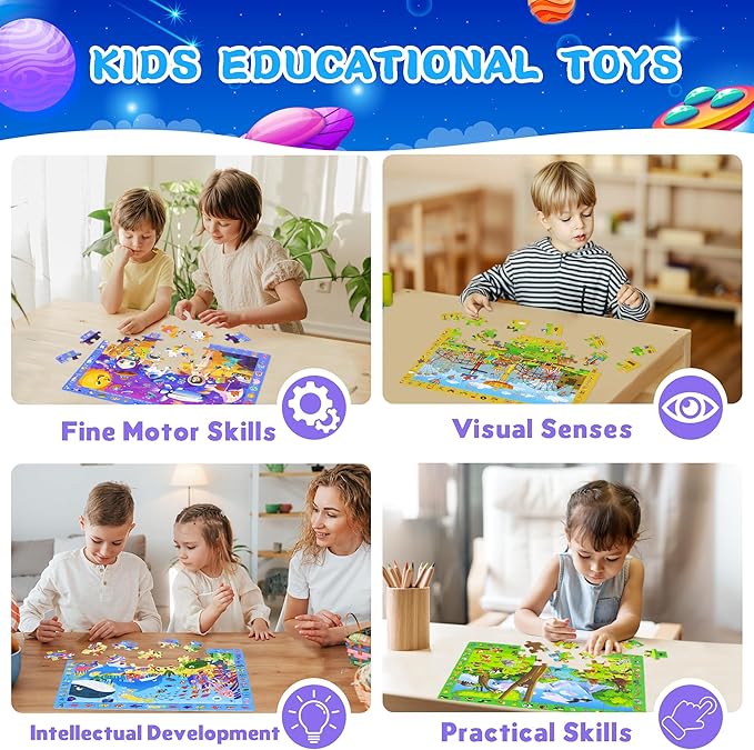 4 Pack Search and Find Puzzles for Kids Ages 4-6 6-8 8-10, Space Forest Ocean Amusement Park Kids Puzzles, 60 Pieces Jigsaw Puzzle for Adults Kids Learning Puzzle Toys Gifts for Girls Boys(14x10 inch)