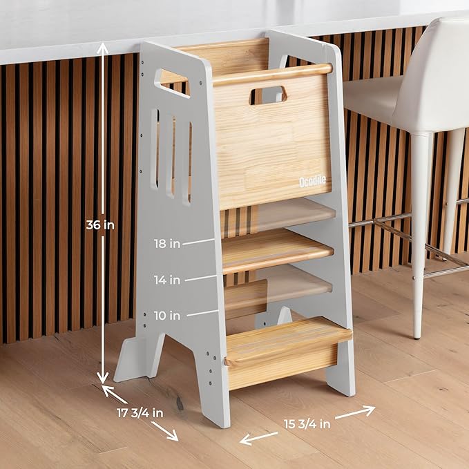 OCODILE Toddler Tower with a Sliding Door and 3 Adjustable Heights - Complete Toddler Kitchen Stool Helper with Support Feet - Safe Design for 18+ Months to 6-Year-Old Kids - White