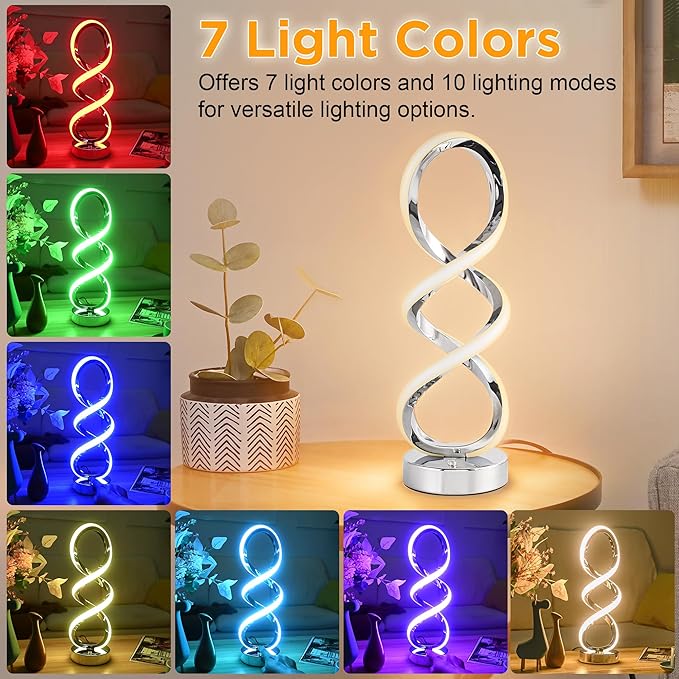 Modern Spiral RGB Table Lamp, Touch Dimmable Bedside Lamp, 7 Colors 10 Light Modes Spiral Design Table Lamp, Unique Nightstand Lamp for Living Room, Bedroom, Cool Lamps, Sliver, 2 Pack