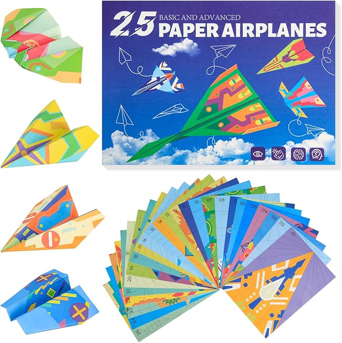 Zuplo Paper Airplane Kit, Paper Planes Book with 25 Classic Designs, 25 Sheets of Colored Origami Kit for Kids Ages 8-12, Airplane Gifts for Boys and Girls, Activity Books for Kids