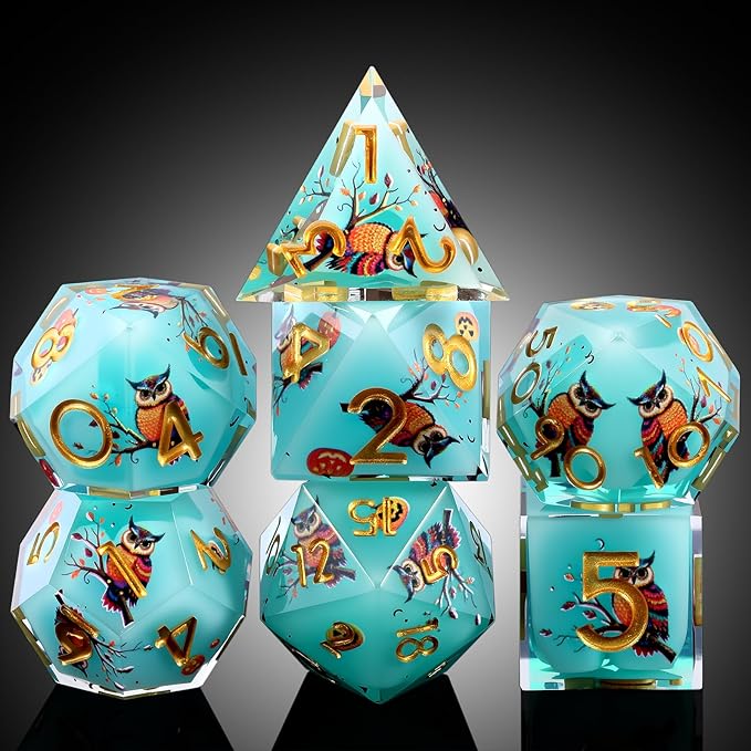 DNDND Owl Aqua Blue Translucent Resin Dice Set - 7-Piece Sharp Edge RPG Dice for D&D with Stickers, Handcrafted Premium Metal Case Gift