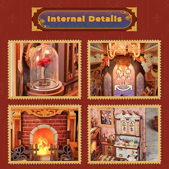 Tonecheer DIY Book Nook Kit for Adults, 3D Wooden Puzzle Music Booknook Miniature Dollhouse, Fairy Tale Bookend Bookshelf Decor with Dust Cover and LED Lights Gifts (Beast‌ and Beauty)