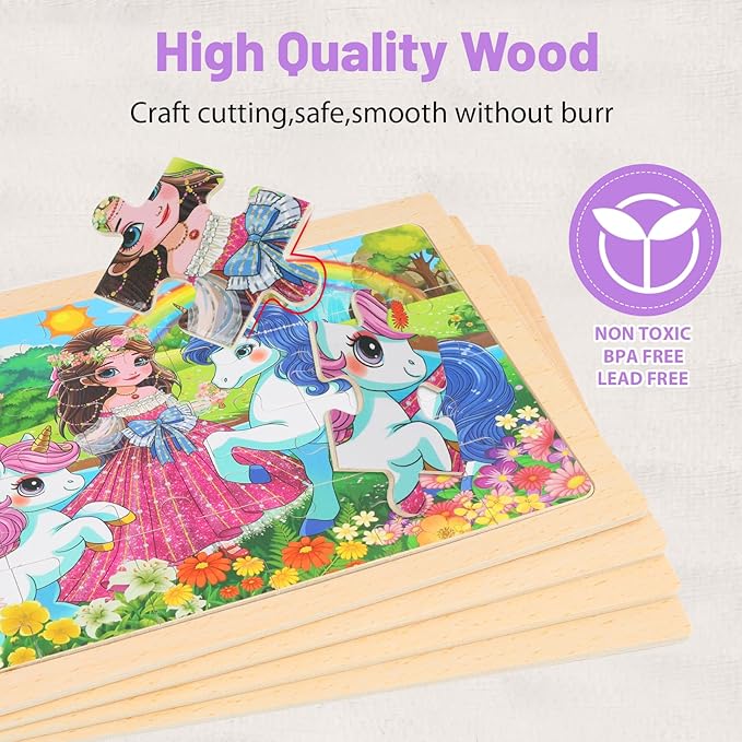 Wooden Puzzles for Kids Ages 4-6, 24 Piece Unicorn Mermaid Princess Jigsaw Puzzles 4 Packs, Preschool Toddlers Learning Activity Puzzles Toys for Girls 3 4 5 6 Years Old