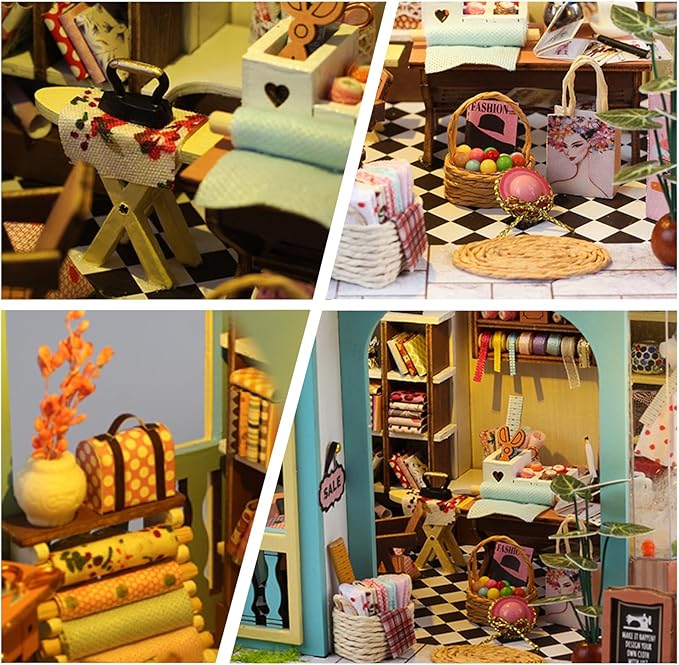 DIY Miniature House Kit,Tailor Shop Dollhouse Miniature Kit with LED & Furniture,Mini Diorama House Building Kit for Adults,3D Wooden Craft Tiny House Mini Model Kit,Home Decor Family Birthday Gifts