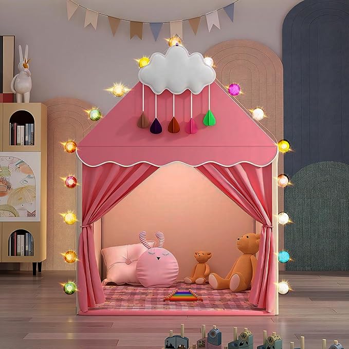 Pink Kids Play Tent with Mat, Cloud and Ball Lights Large Playhouse for Children and Girls Princess Castle Tent for Bed- Indoor & Outdoor Toddler Camping Tent(Cloth Door & Metal Rack)