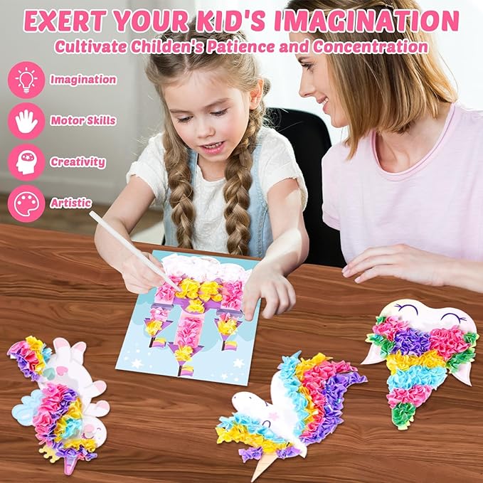 8PCS Poke-in Craft and Art Kit for Kid Unicorn Theme No-Mess Fabric Sewing Art Girls Boys 4-12 Puzzle Puncture Painting DIY Pastel Rainbow Toy Gift for Creative Activity Game Birthday Party
