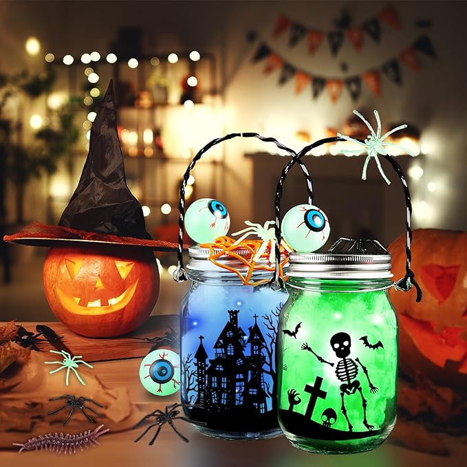 SpringFlower Halloween DIY Arts and Crafts Kits，12 Pcs Glass Mason Jar with Accessories for DIY Lantern Jar, Art & Craft Party Supplies for Classroom Kids