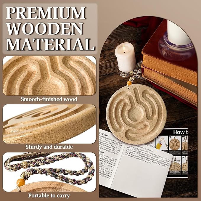 Mindful Breathing Boards with Guiding Book, Decorative Rope, Wooden Finger Maze for Learning Clam Down, Concentration, Stress Relief, Meditation, Home Decor