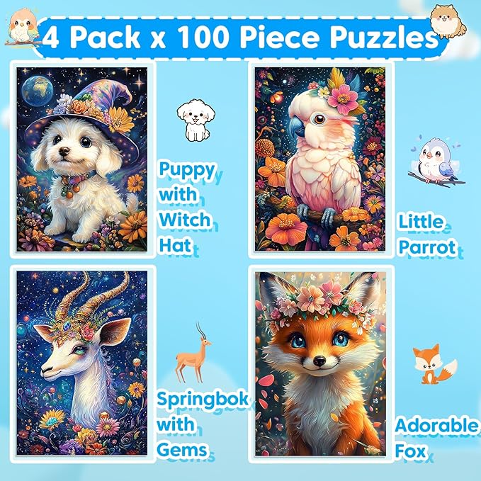 4-Pack 100 Piece Puzzles for Kids Ages 4-6 6-8 8-10, Adorable Puppy Parrot Springbok Fox Jigsaw Puzzles, Set for Kids Adults Seniors, Fun and Educational Toys for Family