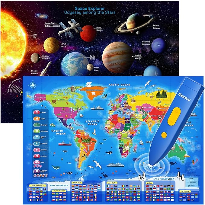 Bilingual Interactive World Map for Kids Learning and Educational Toys, Talking Electronic Kids World Map i-Poster Geography Games Ages 3 to 12 Years Old, Custom Talking Birthday Gifts Card