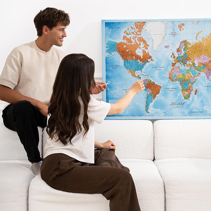Canvas World Map with Cork Pin Board - English Lettering - Decorative Wall Decoration for All Rooms - Canvas Pictures with World Map Motif (120x80 cm, Pattern 21)