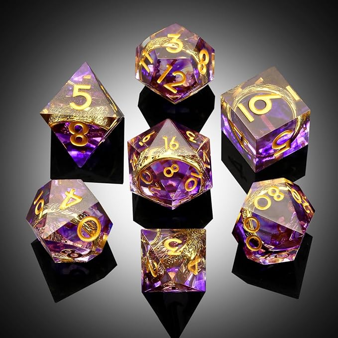Magic Lord Ring D&D Dice Set DNDND Sharp Edge DND Dice Purple Swirl with Golden Ring Inside with Gift Metal Case for Dungeons & Dragons D&D Tabletop Game (Purple)