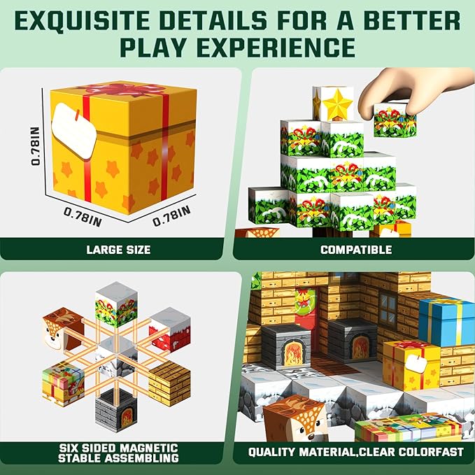 Christmas Magnetic Blocks 100 Pieces for Kids, Magnetic Tiles 3D Sensory Construction Building Santa Claus Reindeer, Magnet Cubes Stacking Toys Games for Toddlers Boys Girls Ages 3+